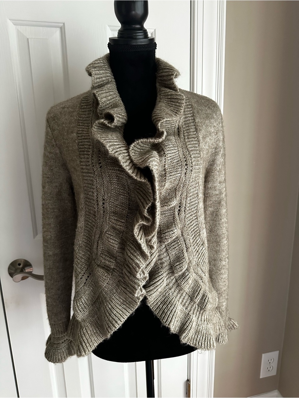Chico’s Taupe Ruffle-Front Women's Sweater Cardigan